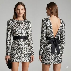 ROTATE Birger Christensen Leopard Sequin Mini Dress Backless Long Sleeve 10